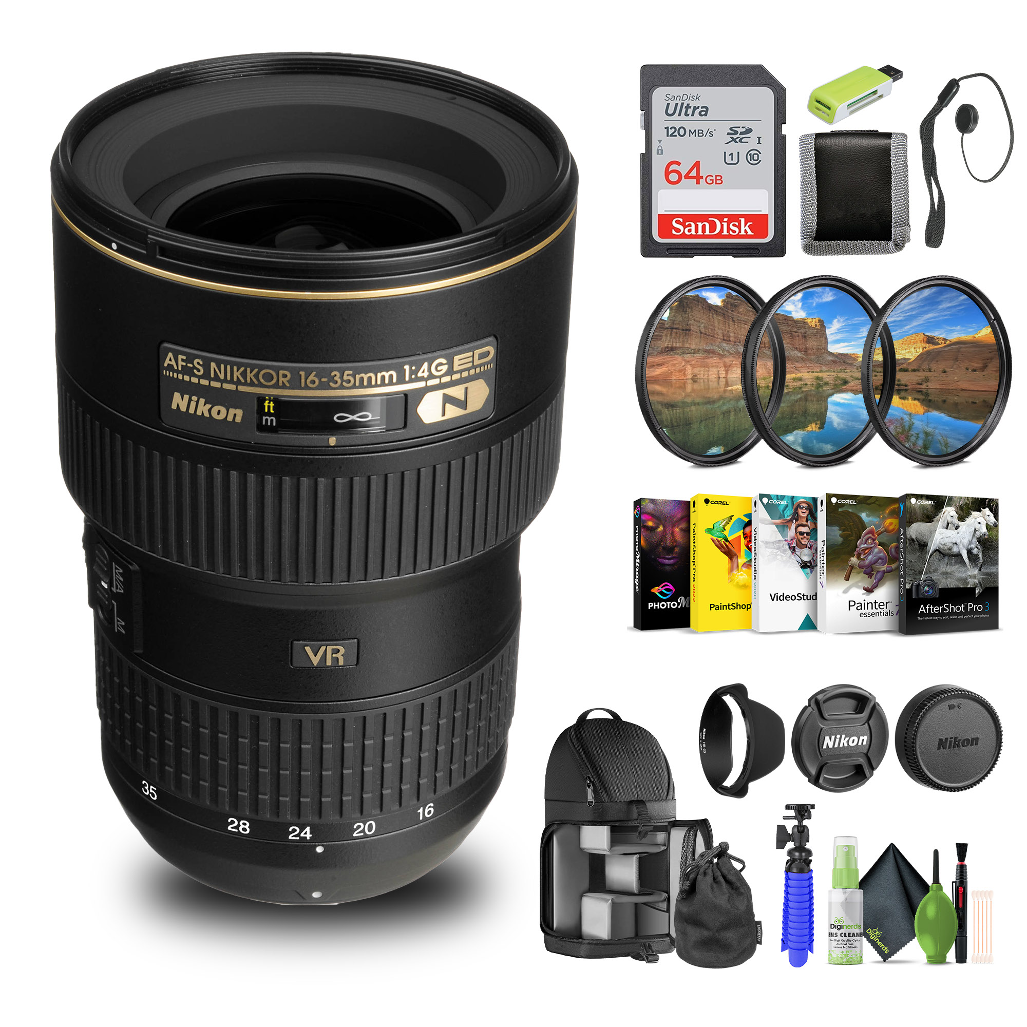 Nikon AF-S NIKKOR 16-35mm f/4G ED VR Lens (2182) + 64GB Memory
