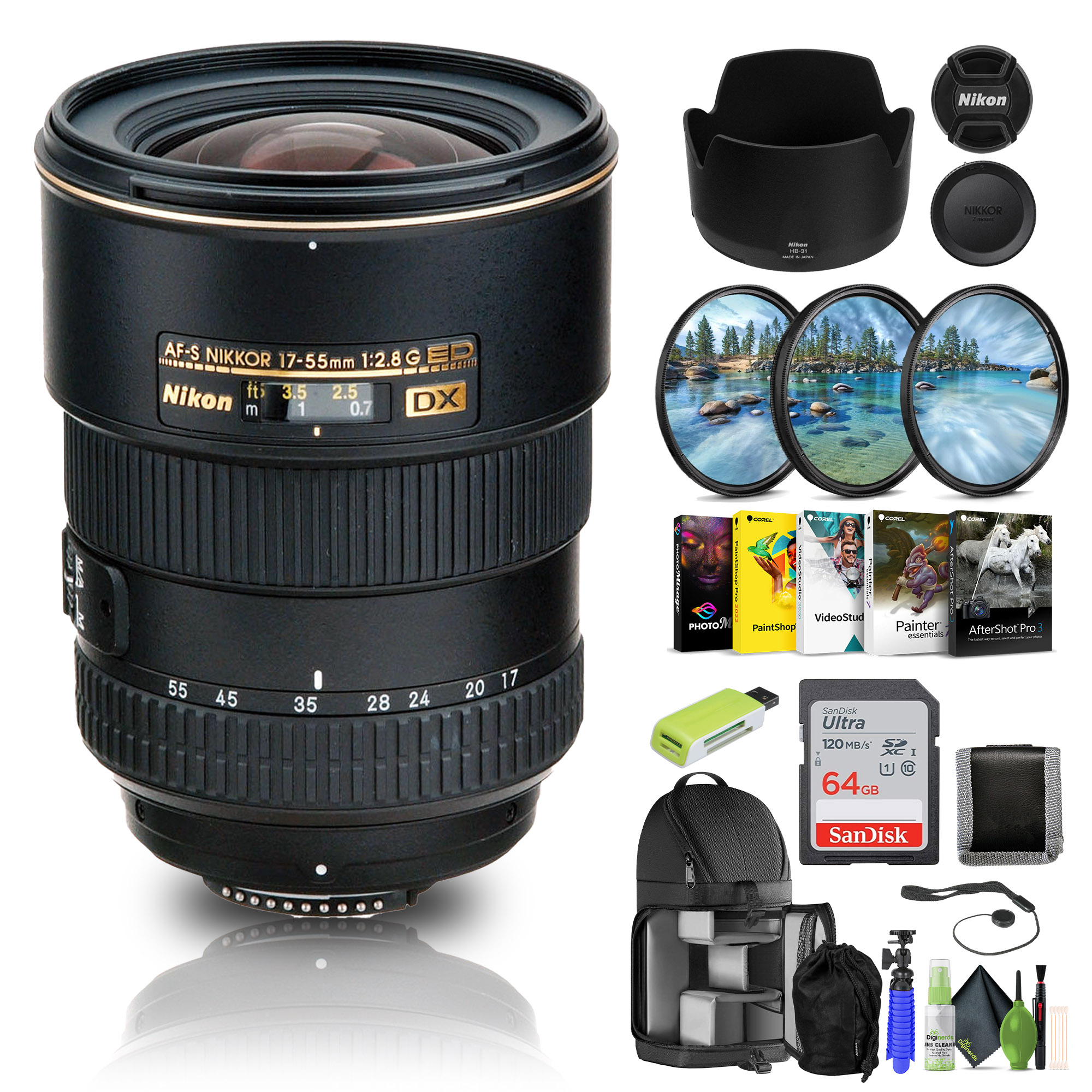 Nikon AF-S DX Zoom-NIKKOR 17-55mm f/2.8G IF-ED Lens (2147) + 64GB