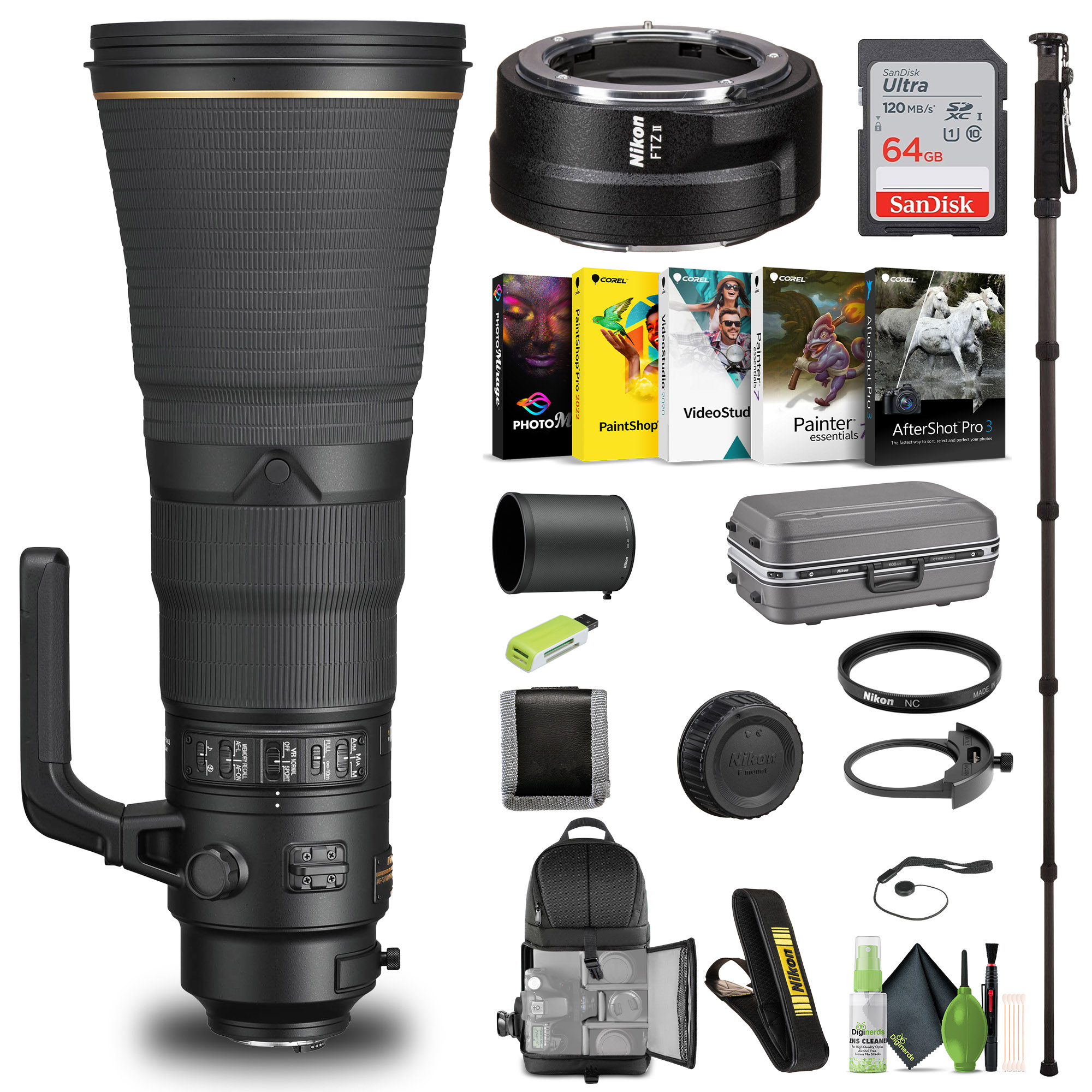 Nikon AF-S NIKKOR 600mm f/4E FL ED VR Lens (20054) FTZ II Adapter 64GB  Card